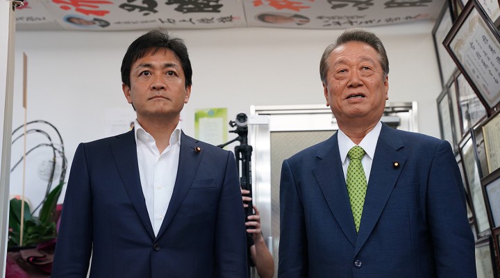 広島県の森本選対を激励する玉木雄一郎代表と小沢一郎総合選対相談役